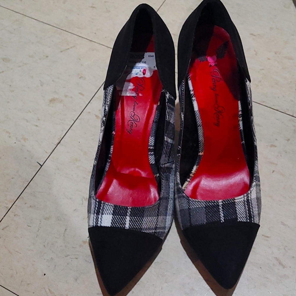 black & white plaid heels